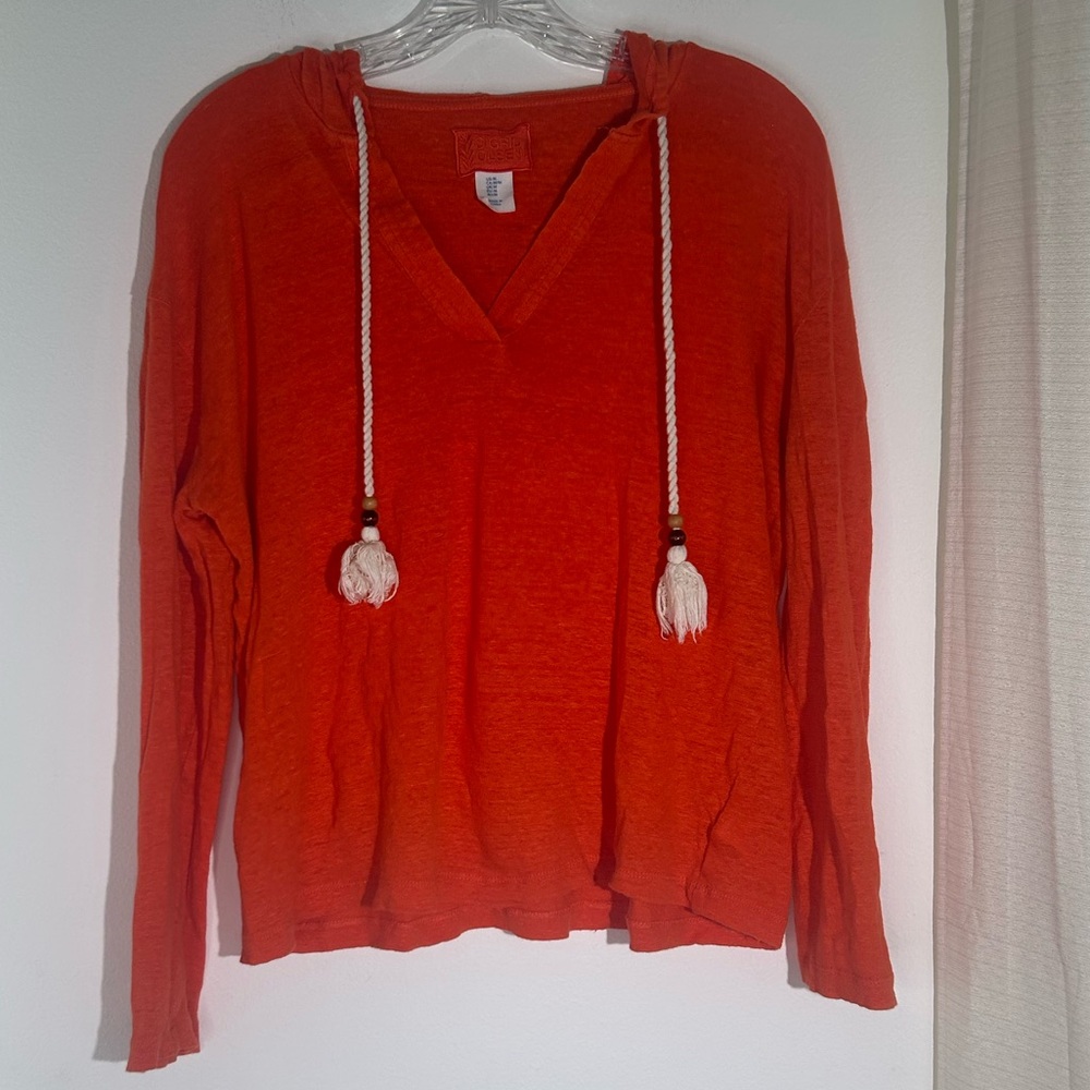 SIGRID OLSEN Orange Slub Knit 100% Linen V-Neck Tassel Tie Hooded Hoodie Top Med